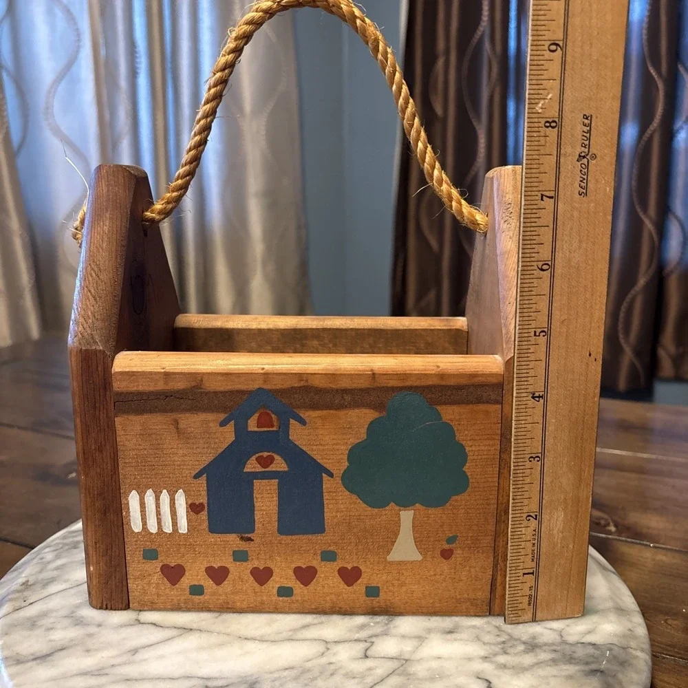 Vtg Hand Painted Folk Art Hand Crafted Wooden Caddy Rope Handle Cottage Core